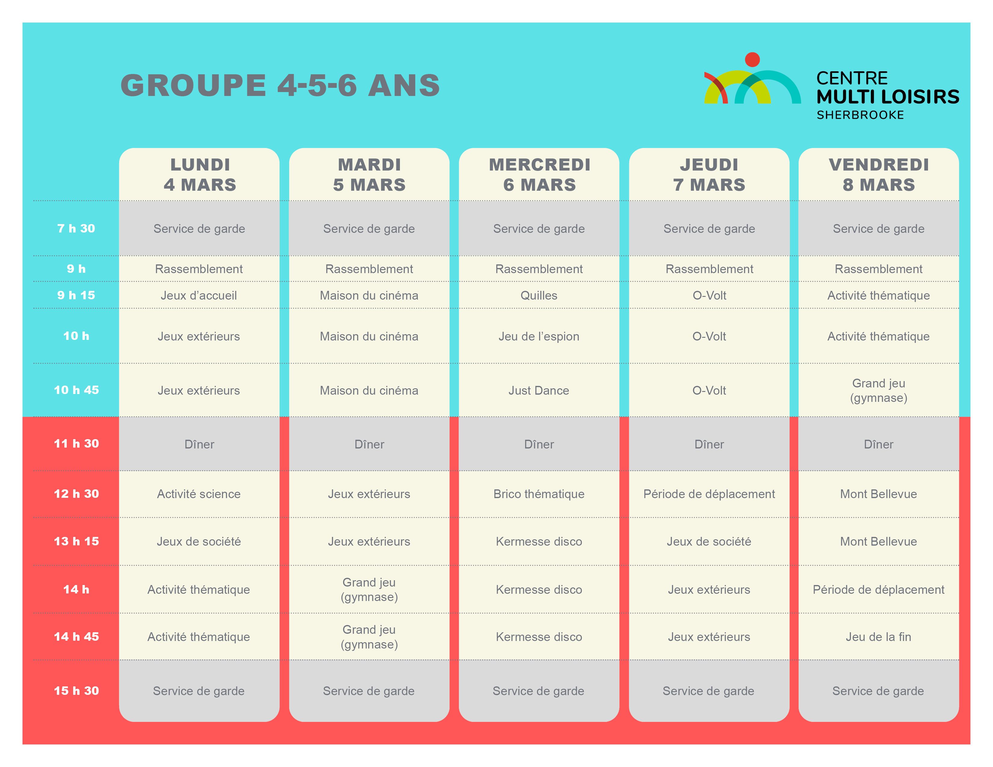 Calendrier relâche 2024 - Groupe 4-5-6 ans - Centre Multi Loisirs Sherbrooke