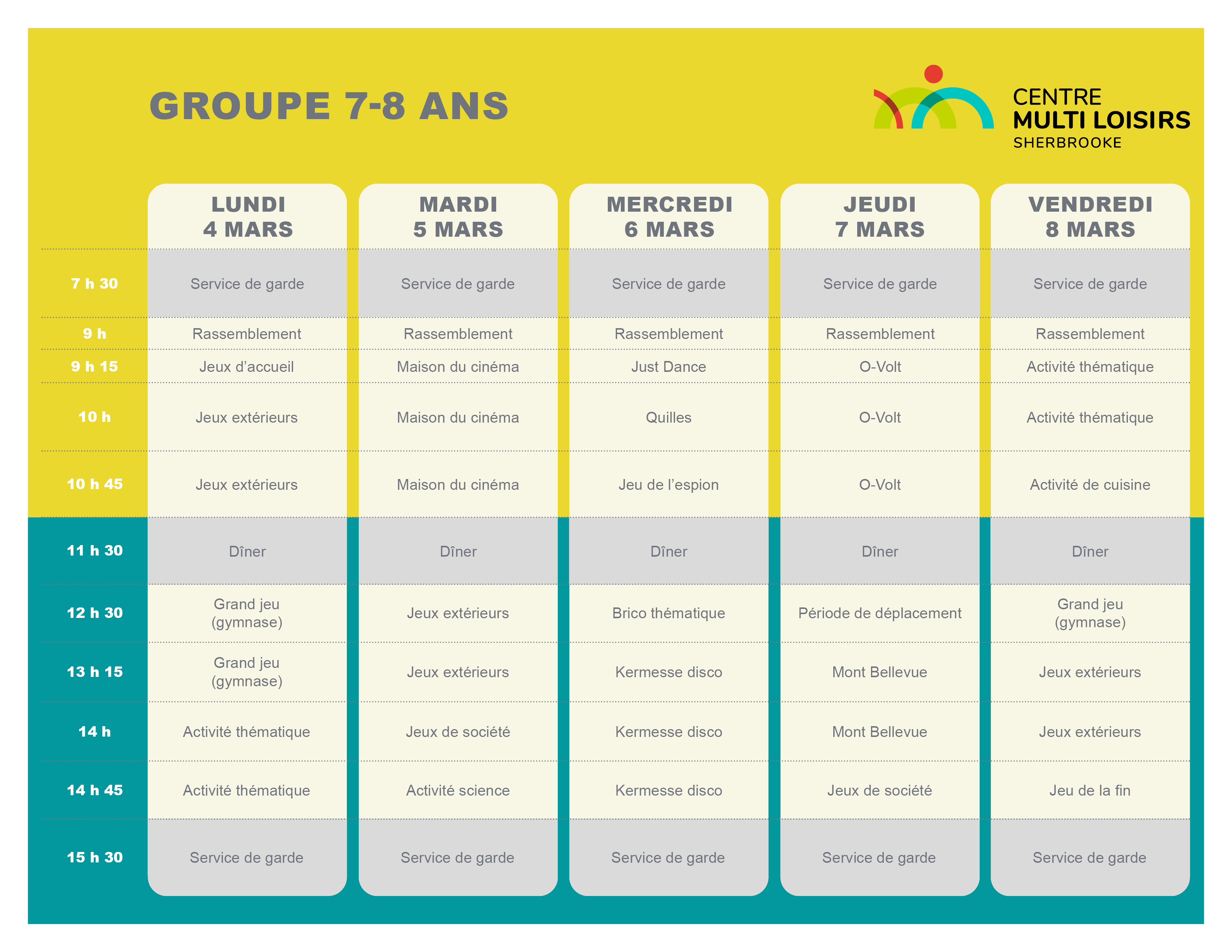 Calendrier relâche 2024 - Groupe 7-8 ans - Centre Multi Loisirs Sherbrooke