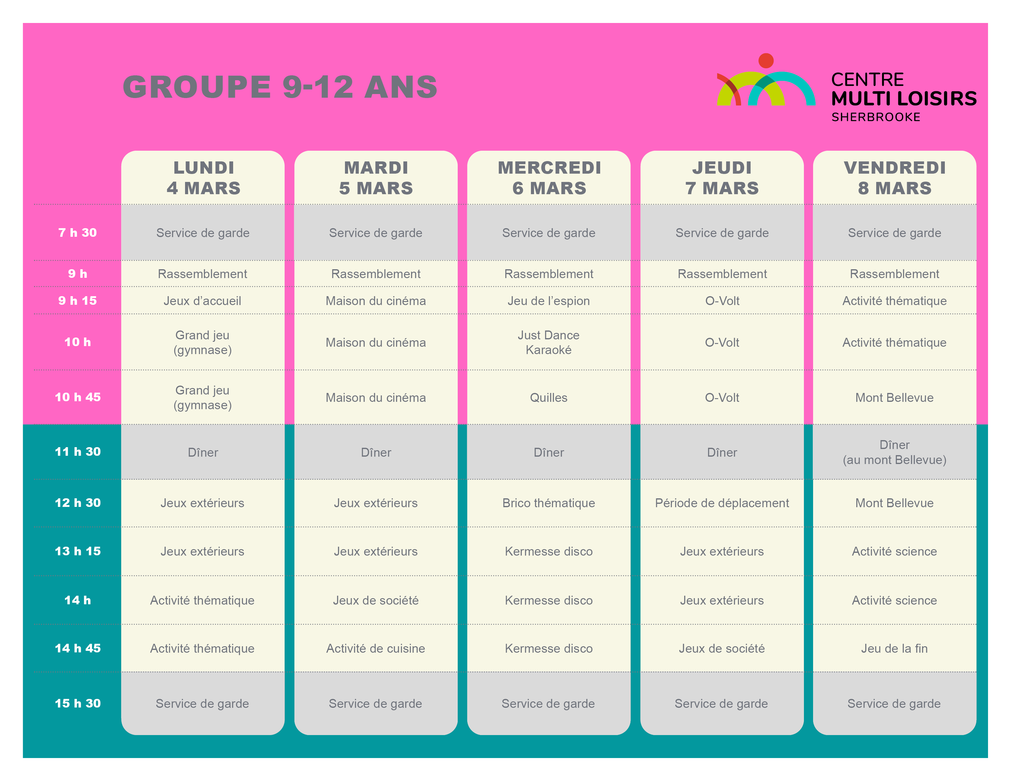 Calendrier relâche 2024 - Groupe 9-12 ans - Centre Multi Loisirs Sherbrooke