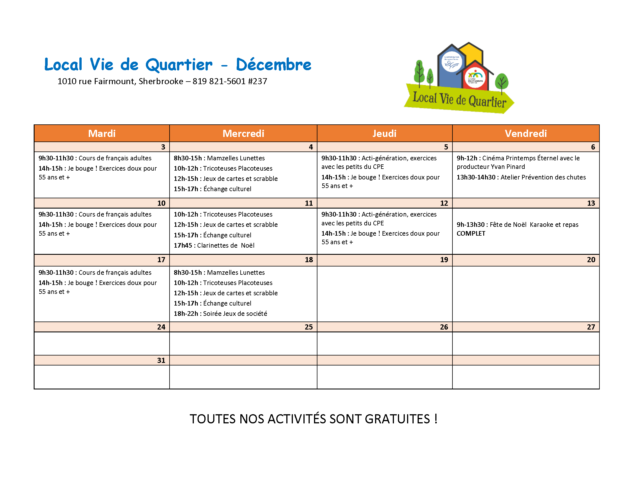 Local Vie de Quartier - Calendrier des activités décembre 2024 - Centre Multi Loisirs Sherbrooke