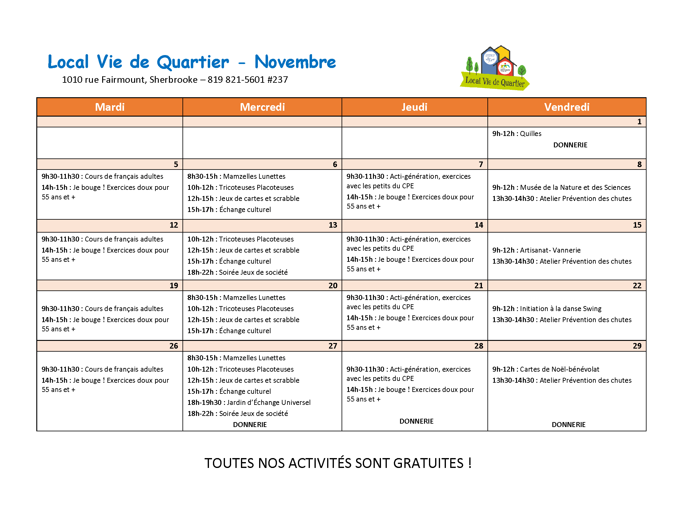 Local Vie de Quartier - Calendrier des activités novembre 2024 - Centre Multi Loisirs Sherbrooke