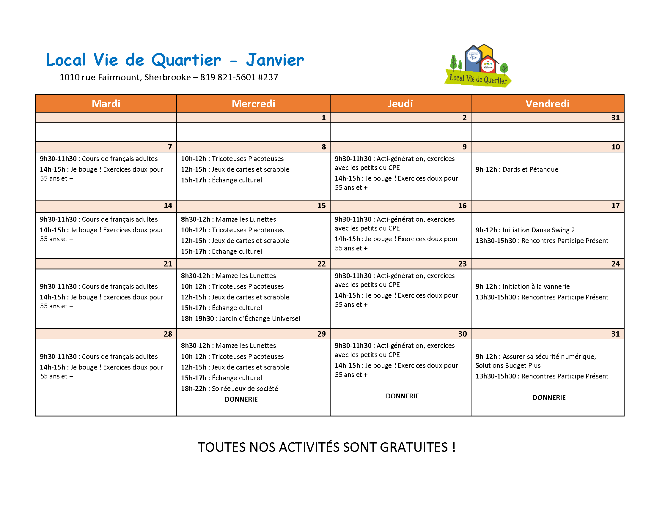 Local Vie de Quartier - Calendrier des activités décembre 2024 - Centre Multi Loisirs Sherbrooke