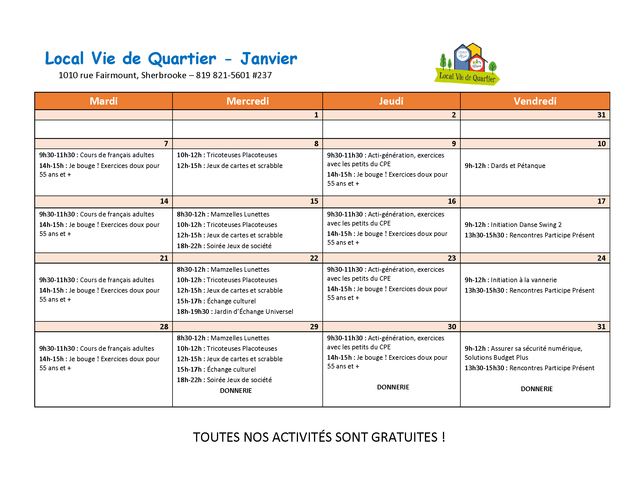 Local Vie de Quartier - Calendrier des activités janvier 2025 - Centre Multi Loisirs Sherbrooke