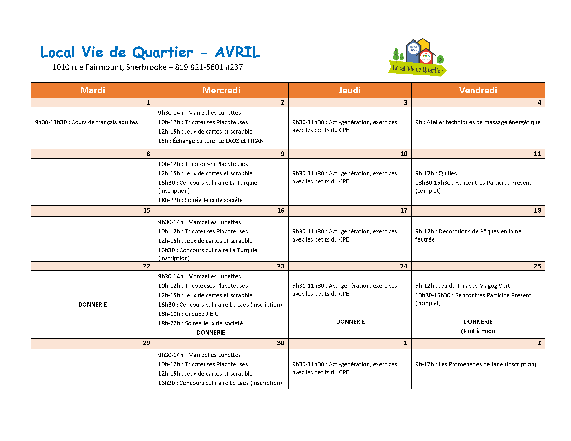 Local Vie de Quartier - Calendrier des activités avril 2025 - Centre Multi Loisirs Sherbrooke