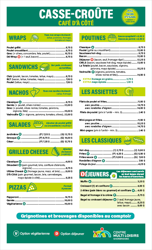 Menu du casse-croûte Café d’à côté - Saison 2025-2026 - Centre Multi Loisirs Sherbrooke