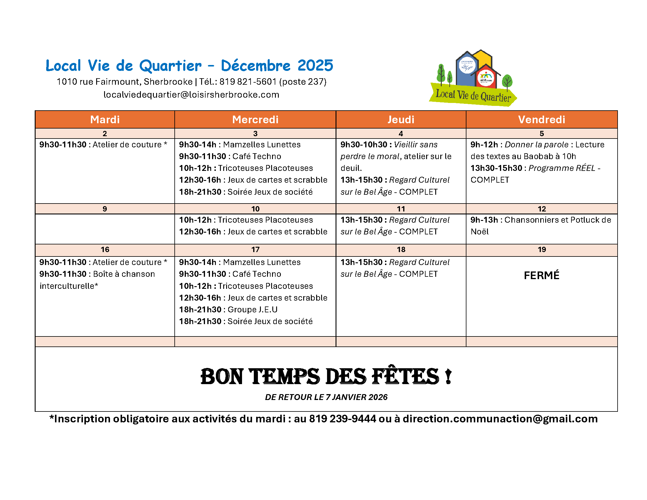 Local Vie de Quartier - Calendrier des activités décembre 2025 - Centre Multi Loisirs Sherbrooke