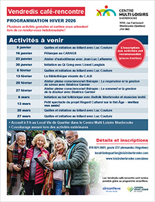 Vendredis café-rencontre - Programmation hiver 2026 - Centre Multi Loisirs Sherbrooke