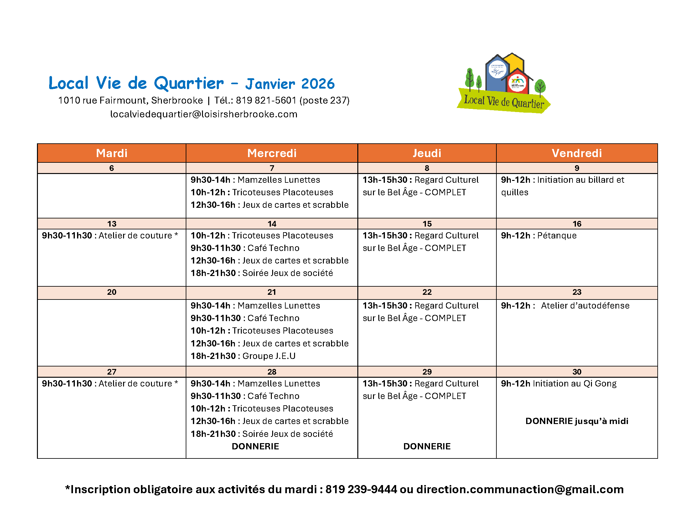 Local Vie de Quartier - Calendrier des activités janvier 2026 - Centre Multi Loisirs Sherbrooke