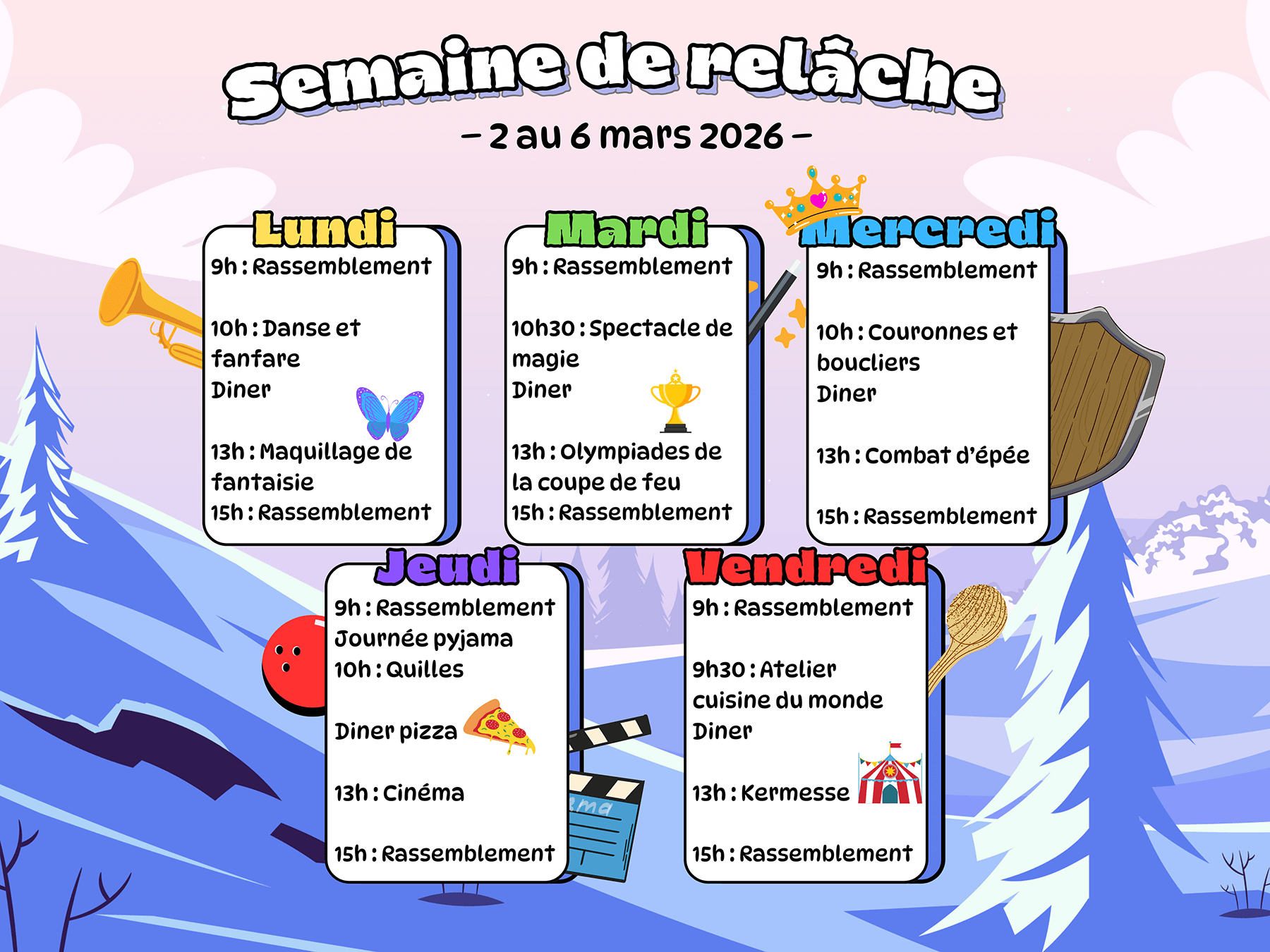 Calendrier relâche 2026 – Centre Multi Loisirs Sherbrooke