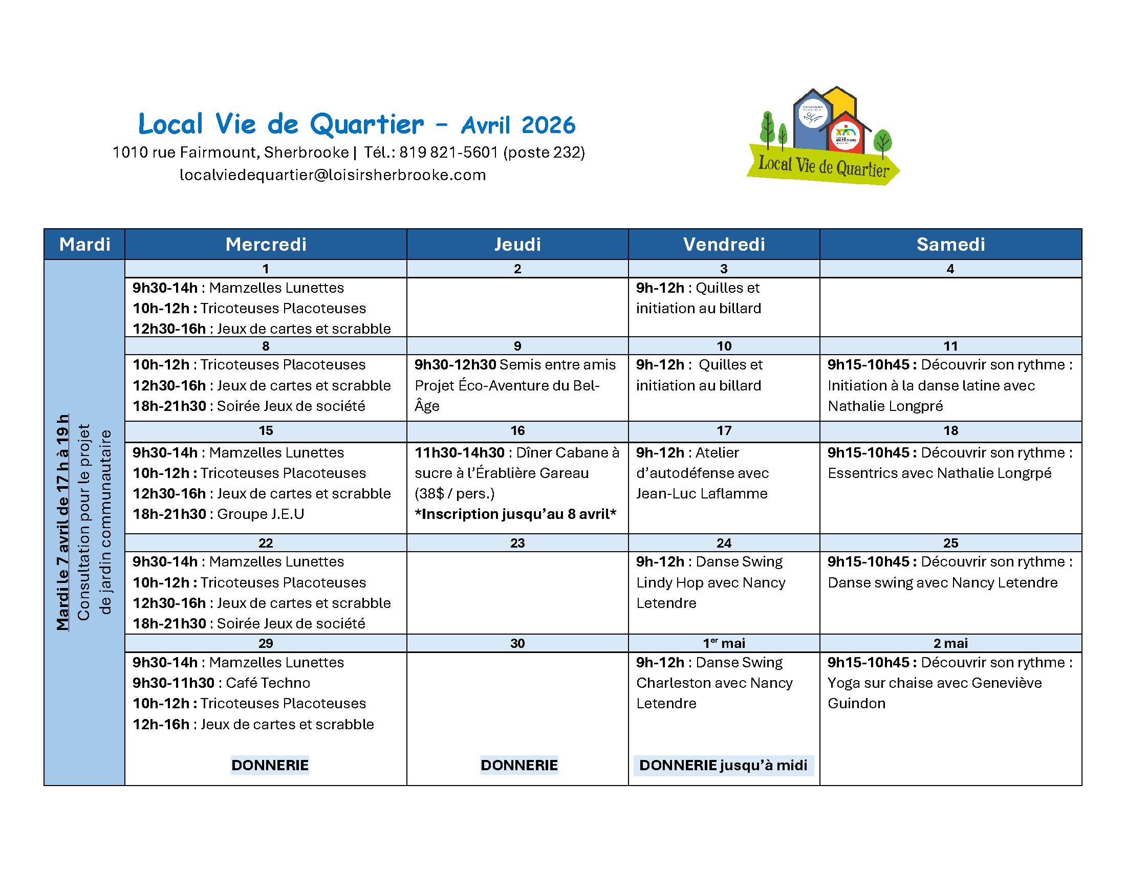 Local Vie de Quartier - Calendrier des activités avril 2026 - Centre Multi Loisirs Sherbrooke