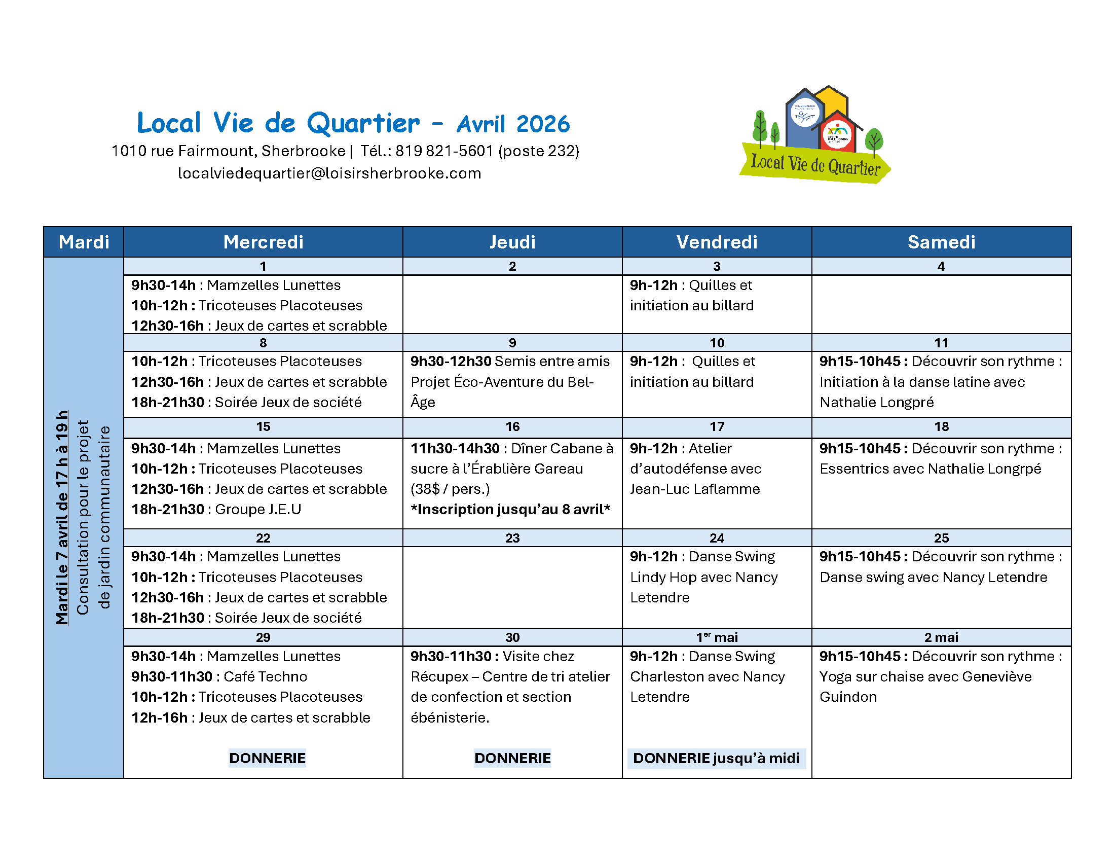 Local Vie de Quartier - Calendrier des activités avril 2026 - Centre Multi Loisirs Sherbrooke