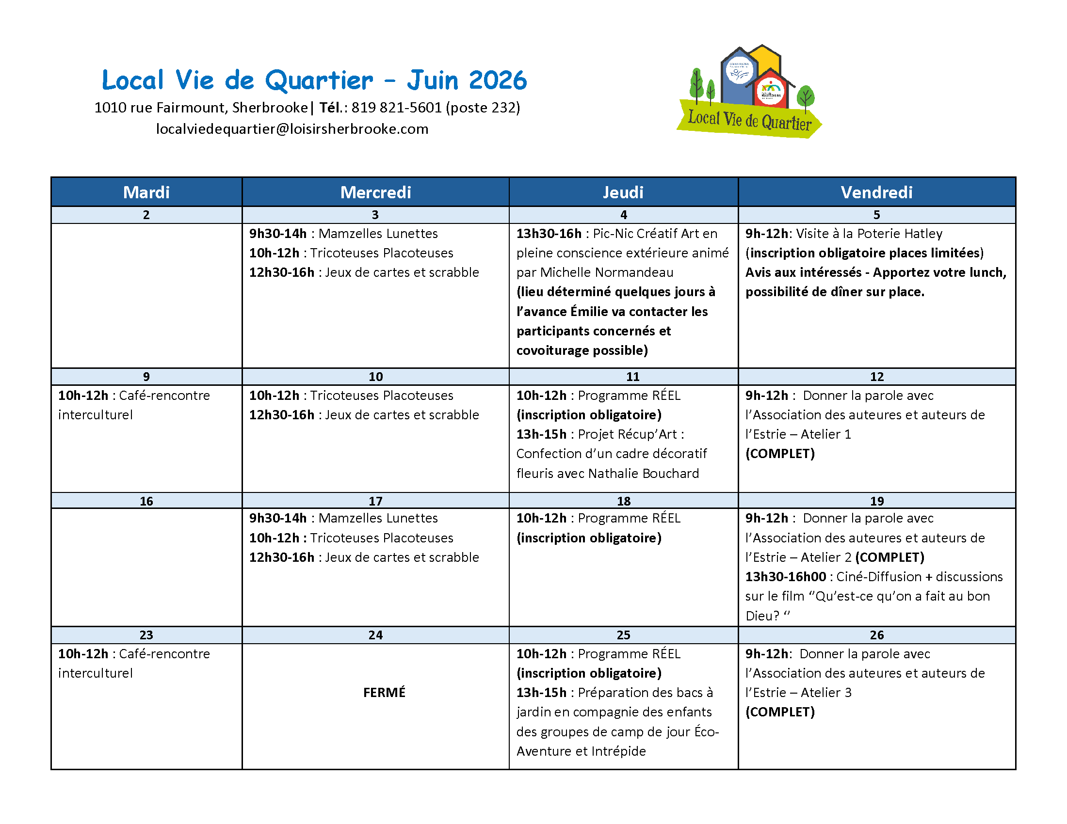 Local Vie de Quartier - Calendrier des activités juin 2026 - Centre Multi Loisirs Sherbrooke