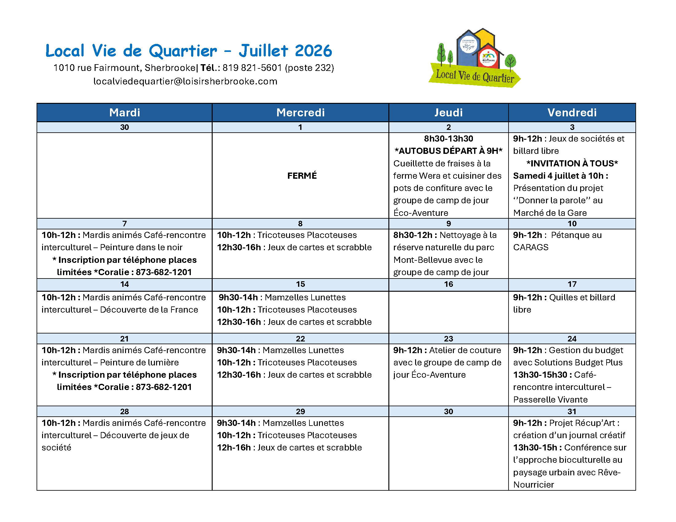 lvdq-juillet2026 Local Vie de Quartier - Calendrier des activités juillet 2026 - Centre Multi Loisirs Sherbrooke